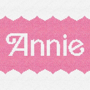 May include: Pink knitted banner with white scalloped edges and the name "Annie" in white lettering.