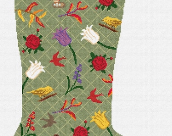 May include: A green Christmas stocking with a diamond pattern, embroidered with the name "MARTHA" at the top. The stocking is decorated with colorful flowers, birds, and foliage in red, yellow, white, and purple.