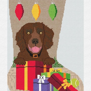 May include: A Christmas stocking featuring a brown dog with the name "ARTHER" at the top. The dog is surrounded by wrapped gifts in red, green, purple, and yellow. The stocking has three hanging ornaments.