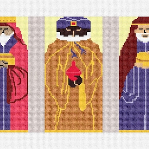 May include: Three Wise Men figures in a cross-stitch pattern. The figures are wearing colorful robes and crowns. The figure on the left is wearing a red robe, the figure in the middle is wearing a brown robe, and the figure on the right is wearing a purple robe.