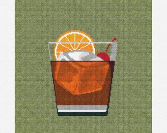 May include: A brown Old Fashioned cocktail in a glass with ice, an orange slice, and a cherry.