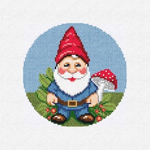 May include: A red-hatted gnome with a white beard and blue pants stands in a green garden with a red and white mushroom.