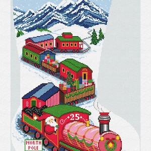 Puede incluir: Un calcetín navideño con una escena de tren. Papá Noel está en la locomotora, viajando desde el Polo Norte. Los vagones son rojos, verdes y azules, con un fondo de montañas nevadas y el nombre "Alexander" en la parte superior.