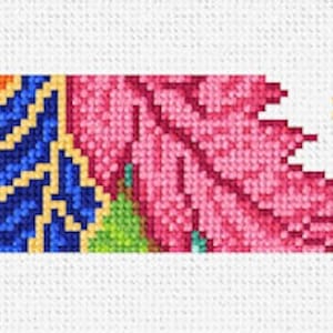 May include: A colorful floral embroidery pattern with pink, orange, yellow, green, and blue flowers and leaves.