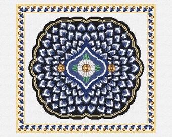 May include: A blue and white mandala design with a floral center, surrounded by a yellow and black border.