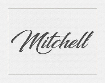 May include: A black and white image of the name "Mitchell" written in cursive script.