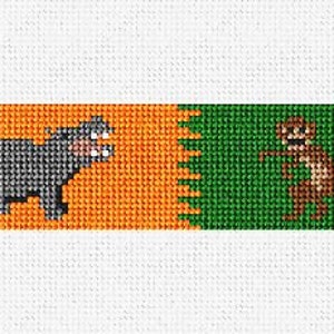 Może przedstawiać: Kolorowy wzór haftu krzyżykowego z szarym hipopotamem po lewej stronie i brązową małpą po prawej.