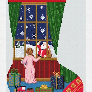 May include: A Christmas stocking featuring a scene of a girl in a pink dress looking out a window at Santa Claus. The window shows a snowy scene. The stocking is decorated with gifts, a toy train, and the name "Ellie".