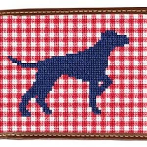 Cartera de punto terminada con diseño de perro de muestra de estilo preppy