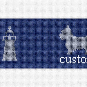 May include: A blue and white needlepoint canvas with a lighthouse and a dog silhouette. The text "custom" is printed below the dog.