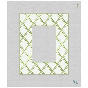 May include: A rectangular needlepoint canvas featuring a white center bordered by a repeating green chevron pattern arranged in a diamond lattice design. The canvas has a light gray grid background and includes two small green squares in the top right corner.