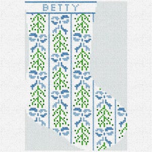May include: A Christmas stocking with a blue and green pattern. The word "BETTY" is displayed in blue at the top. The design features vertical stripes with floral and leaf motifs in blue and green on a white background.