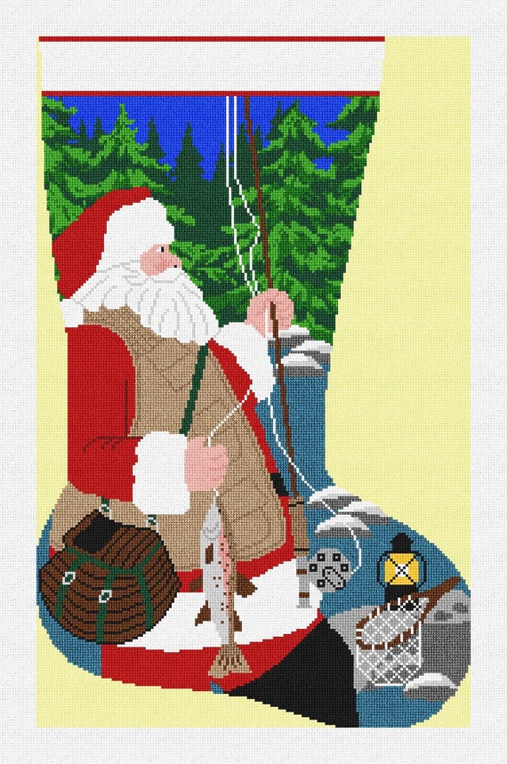 Santa's Fishing Needlepoint Christmas Stocking Kit
