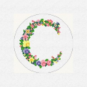 Puede incluir: Un fondo blanco con un círculo en el centro. El círculo está lleno de una corona de flores coloridas en tonos de rosa, amarillo, verde y morado, formando la letra "C".