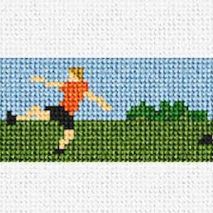 May include: A cross-stitch pattern depicting a group of people playing a game of cricket on a green field. The players are wearing different colored shirts and shorts. There is a wicket in the background.
