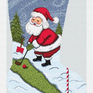 May include: A Christmas stocking featuring Santa Claus playing golf in a snowy scene. Santa is dressed in a red suit and hat, with a white beard. The stocking has the name "Christopher" embroidered at the top.