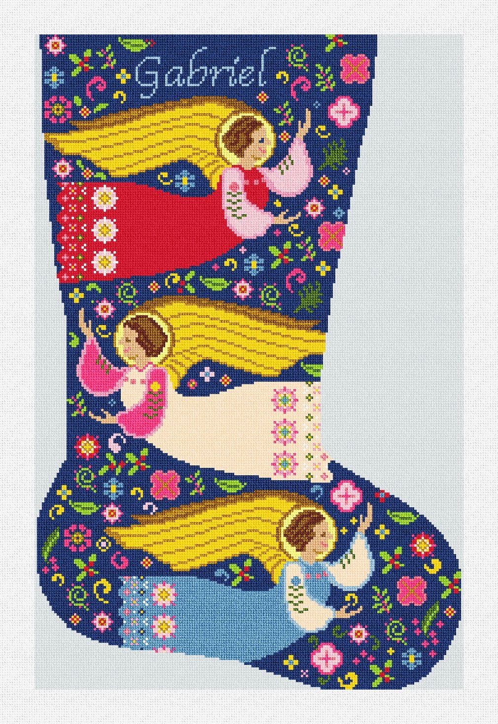 Angels is a colorful and contemporary needlepoint Christmas stocking kit by  Jolly Red. – Needlepoint For Fun