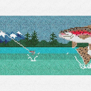 May include: A fisherman casts a line into a lake with a mountain range in the background. A trout jumps out of the water, attempting to catch the lure.