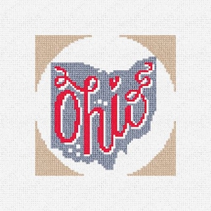Pode incluir: Um contorno cinza do estado de Ohio com a palavra "Ohio" escrita em vermelho dentro do contorno.