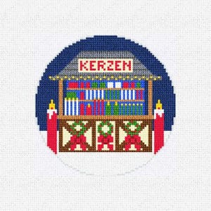 May include: A cross-stitch Christmas ornament featuring a festive market scene. The design includes a stall with the word "KERZEN" above, filled with colorful candles. Red candles flank the stall, and the background is a deep blue.