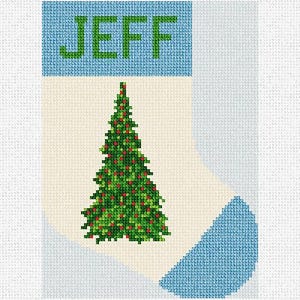 Könnte beinhalten: Ein Weihnachtsstrumpf mit dem Namen "JEFF" in grünen Buchstaben auf hellblauem Hintergrund. Der Strumpf zeigt einen grünen Weihnachtsbaum, der mit roten Kugeln geschmückt ist. Der Hintergrund ist cremefarben und hellblau.