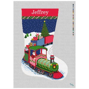 May include: A needlepoint canvas of a Christmas stocking featuring a green steam train driven by Santa Claus. The design includes a dark blue night sky with snow, a decorated Christmas tree, and gift boxes. The name Jeffrey is printed at the top.