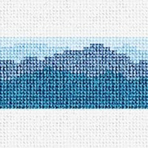 May include: A blue and white striped fabric with a wave pattern. The fabric is woven with a textured, cross-stitch design.