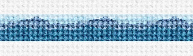 May include: A blue and white striped fabric with a wave pattern. The fabric is woven with a textured, cross-stitch design.