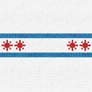 May include: A white rectangular design with two parallel blue lines and red starbursts. The starbursts are arranged in two groups of four and five, respectively, centered between the blue lines. The design is on a white textured background.