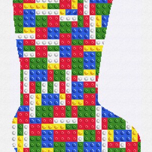 May include: A Christmas stocking with a colorful design resembling toy building blocks. The stocking is primarily red, blue, green, yellow, and white, with the name "IAN" in yellow letters on a red cuff. The design is a playful and festive holiday decoration.