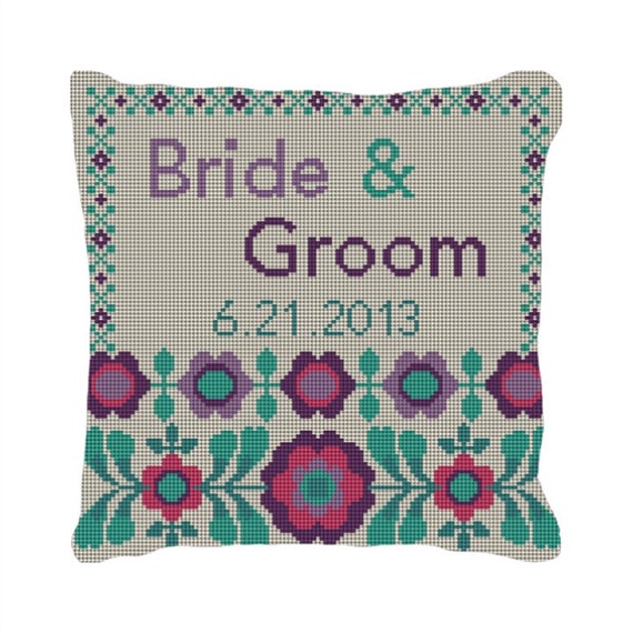 Floral Crest Ring Bearer Wedding Needlepoint Pillow DIY Canvas