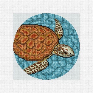 May include: A brown and orange sea turtle with a detailed shell swims in a blue and white patterned circle. The turtle is facing left and has a white head with black eyes.