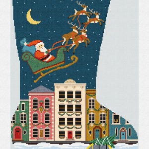 May include: A Christmas stocking with a festive design. Santa Claus in his sleigh pulled by reindeer flies over a town with colorful buildings. The word "JUDY" is at the top. A yellow taxi with a Christmas tree drives on a snowy street.