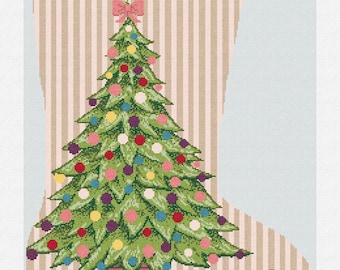 May include: Christmas stocking with a green Christmas tree decorated with colorful ornaments and a pink bow at the top. The stocking has a striped background and the name "Julianna" at the top. Presents and a teddy bear are at the base of the tree.