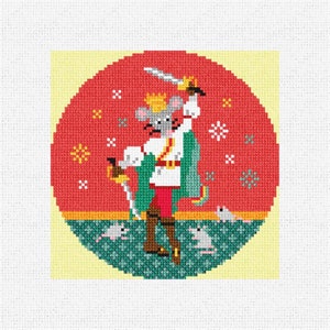 May include: Cross-stitch design of a mouse king in a red circle with snowflakes. The mouse wears a gold crown, white jacket, green cape, and brown boots, holding a sword. Small mice are at the bottom on a green patterned surface.