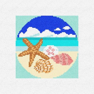 May include: A blue and white beach scene with a starfish, seashell, and sand dollar. The starfish is brown and has five points. The seashell is pink and has a smooth surface. The sand dollar is white and has a five-pointed star pattern.