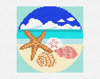 May include: A blue and white beach scene with a starfish, seashell, and sand dollar. The starfish is brown and has five points. The seashell is pink and has a smooth surface. The sand dollar is white and has a five-pointed star pattern.