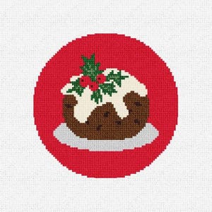 May include: A cross-stitch design of a Christmas pudding on a white plate, set against a red circular background. The pudding is brown with white icing and topped with holly and red berries. The design is on a white background.