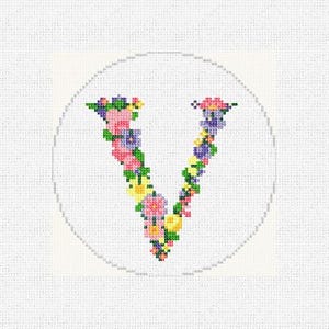 May include: A white background with a circle in the center. The circle contains a floral letter V made of pink, yellow, purple, and green flowers.