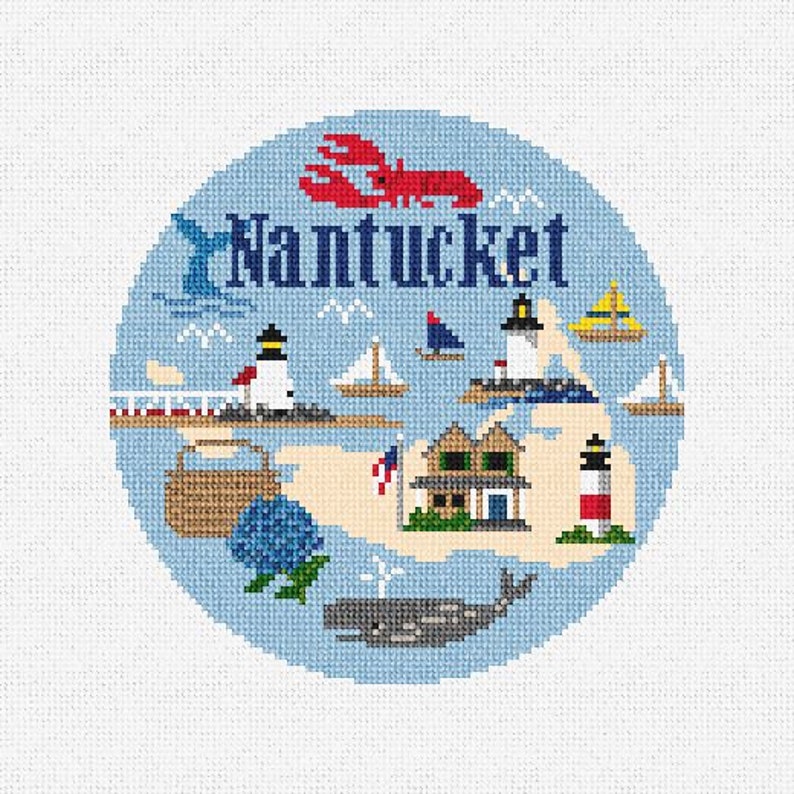 May include: A blue and white cross-stitch design of Nantucket, Massachusetts. The design features a lobster, lighthouse, houses, a whale, and the text "Nantucket".