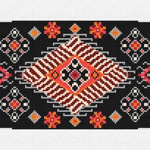 Op de afbeelding: Een geometrisch patroon in zwart en wit met rode, oranje en witte accenten. Het patroon is symmetrisch en heeft een ruitvorm in het midden.