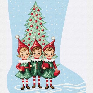 May include: Christmas stocking with the name "Johnathan" in red. The stocking features a light blue background with a Christmas tree and three elves wearing red hats and green outfits. The elves are holding red gifts.
