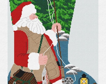 Op de afbeelding: Een kerstsok met de kerstman die aan het vissen is. De kerstman draagt een rood pak en hoed, met een beige vest. De sok heeft de naam "JEFFERY" bovenaan. Een hengel, een vis en een vistuigzak zijn ook zichtbaar.