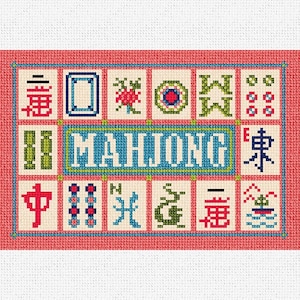Könnte beinhalten: Eine farbenfrohe Illustration von Mahjong-Steinen mit chinesischen Schriftzeichen und Symbolen. Die Steine sind in einem Raster angeordnet, wobei das Wort "Mahjong" in der Mitte steht.