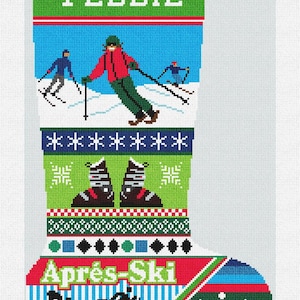May include: Needlepoint Christmas stocking with a ski theme. The top has the name "TEDDIE" in white block letters. Skiers, ski boots, and the words "Après-Ski" are featured in the design. The background is blue, green, red, and white.