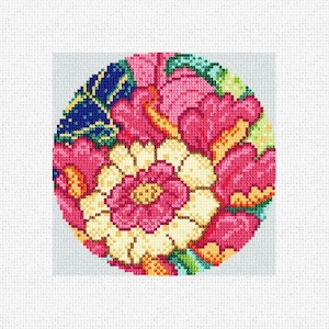 May include: A circular embroidery design featuring a cluster of pink and yellow flowers with green leaves. The flowers are stitched in a detailed, realistic style.
