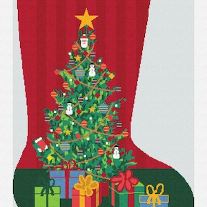 May include: Red Christmas stocking with a decorated tree, gifts, and the name "Marianne" at the top. The tree is adorned with ornaments, snowmen, and a star. Presents are wrapped in various colors.