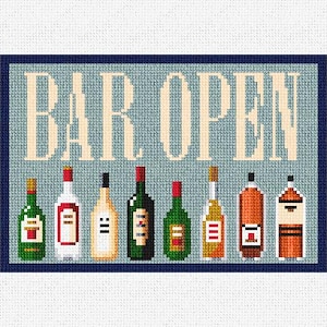 May include: Cross-stitch artwork with a blue background and a navy blue border. The words "BAR OPEN" are in large, beige letters. Below the text are eight colourful bottles of various shapes and sizes.