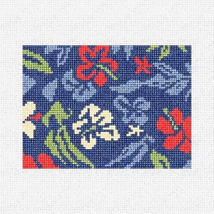 May include: A blue fabric with a floral pattern featuring red, white, and green hibiscus flowers.