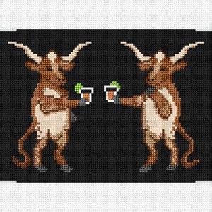 May include: Two brown cartoon bulls with horns, wearing black eyes, are standing on a black background. They are holding up green glasses with a brown liquid inside.